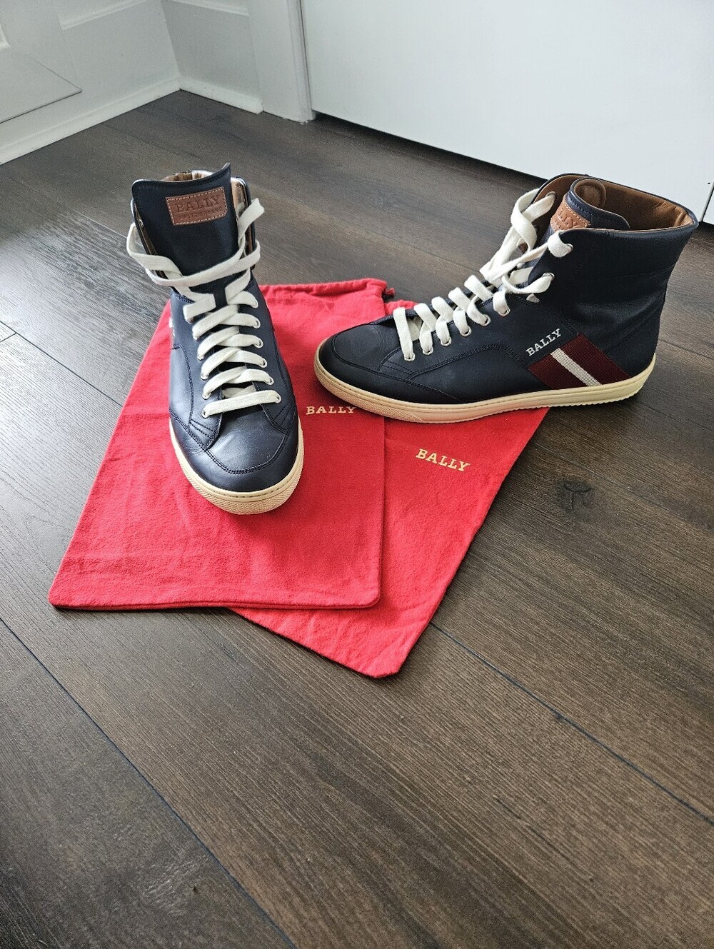 Bally High Top Leather Sneakers Navy Blue Red White Stripe Logo Men's US 10.5
